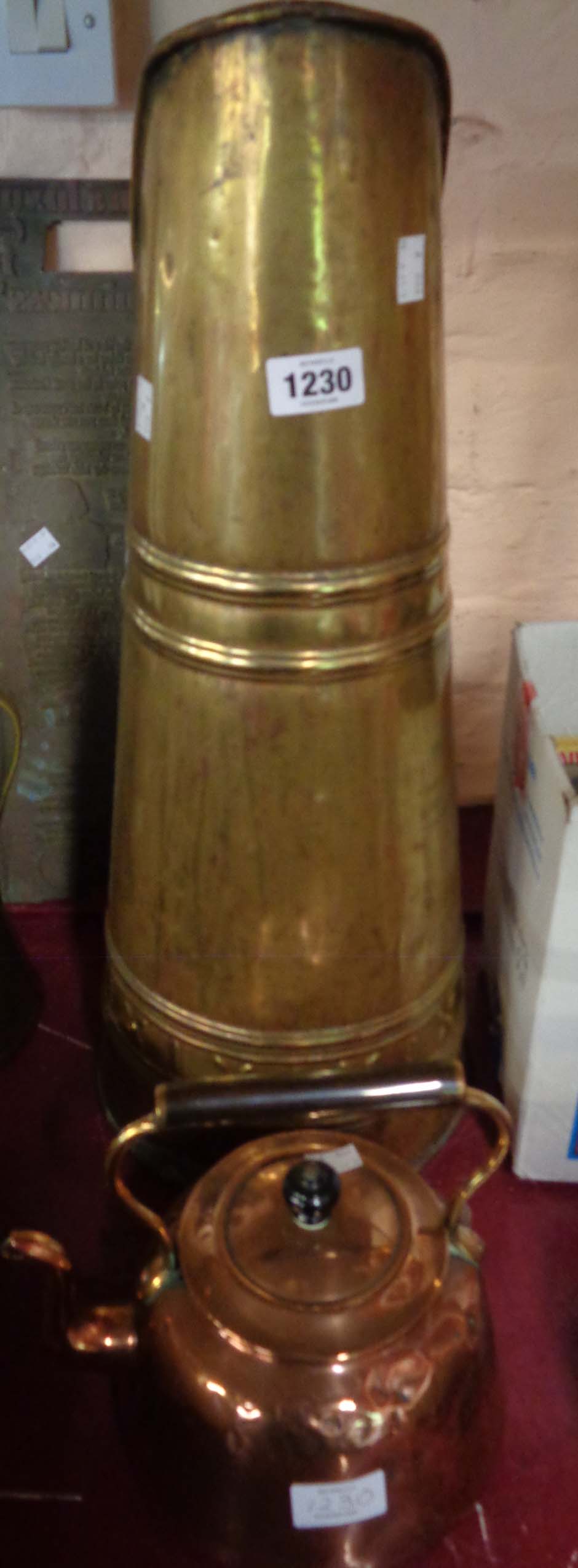 A brassed coal scuttle - sold with an antique copper kettle