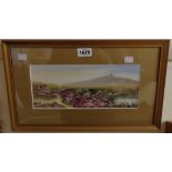 Dumble: a gilt framed and slipped gouache, depicting a Dartmoor view with flowering heather, pool