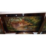 A 3' 9 1/2" retro bevelled peach mirror bordered decorative coloured print, depicting swans on a