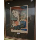 Monique Arquizan: a framed limited edition coloured etching, entitled "Complicite" - 36/120 - signed