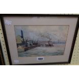 Gwen Richards: a framed watercolour, depicting an industrial river scene with shipping - signed