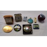 Two compact cases, four lighters including ruby glass Ronson, two travelling mirrors and two alarm