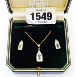 A pendant and ear-rings set with emerald cut aquamarines and illusion set diamonds to tops, on 375