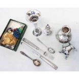 A quantity of small English silver items including a Georgian fruit knife and fork, a 1902 cream