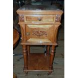 A 15" French stained mixed wood and quarter veneered pot cupboard with marble inset top, drawer,