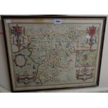John Speed: a Hogarth framed hand coloured map print of Merionethshire, dated 1610, with text