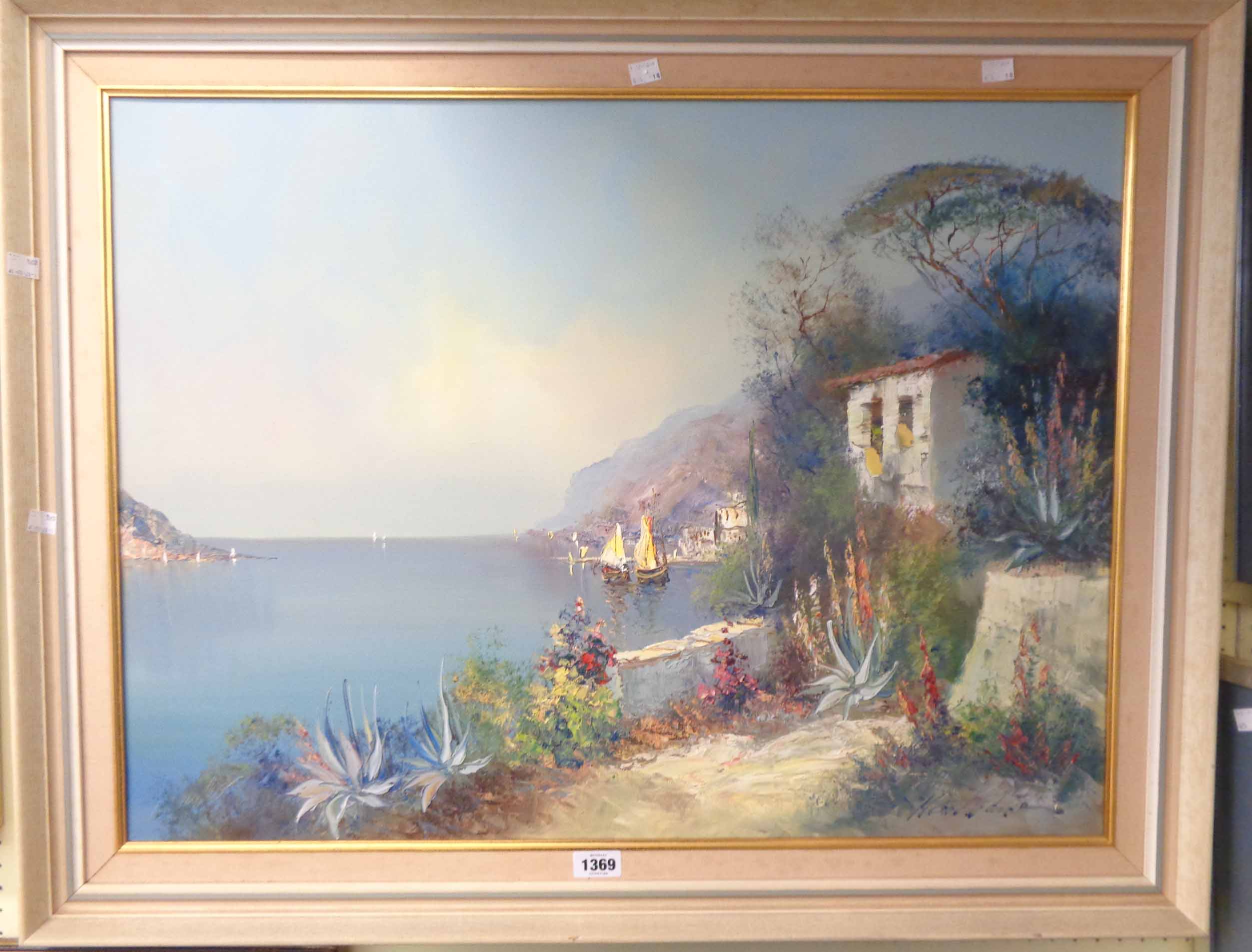 A vintage framed oil on canvas depicting a Mediterranean coastal scene viewed from a terrace with