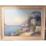 A vintage framed oil on canvas depicting a Mediterranean coastal scene viewed from a terrace with