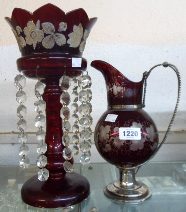 A ruby glass lustre - sold with an etched ruby glass claret jug with silver plated mounts