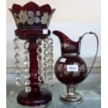 A ruby glass lustre - sold with an etched ruby glass claret jug with silver plated mounts