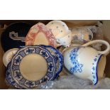 A box containing a quantity of blue and white ceramics including a toilet set, etc.