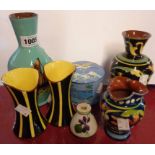Seven pieces of Watcombe and other Torquay Pottery including vases - various design