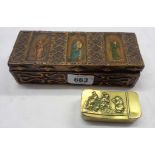 An old carved gilt rosary bead box with painted triptych of Mary flanked by angels - containing a