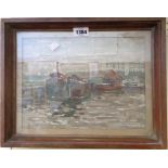 A framed 1960 acrylic painting, depicting canal boats on a waterway with building and gasometers