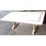 A painted pine and mixed wood refectory style dining table with tile inset top - length 6' 5"