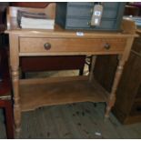 A 32 1/2" Victorian waxed pine washstand, with splashback to galleried top, long frieze drawer and