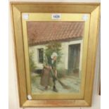 Whistler: a gilt framed and slipped watercolour, depicting an elderly woman sweeping flagstones with