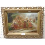 An ornate gilt framed oil on canvas, depicting a group of figures by a well head - indistinctly