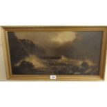 A gilt framed 19th Century oil on canvas, depicting a stormy coastal scene with foundering vessel