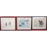 Three ebonised framed 19th Century Japanese coloured prints - all signed and stamped