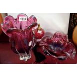 A cranberry glass vase, bowl and atomizer