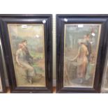 Pair of Edwardian ebonised framed coloured prints, one depicting a couple on a balcony at Giza,