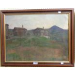 Lars Larssen: a modern framed early 20th Century oil on canvas, depicting hillside buildings -
