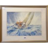 Tom Dack: a framed maritime watercolour, depicting a racing yacht at full speed - signed - 12" X