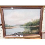 Philip Marchington: a gilt framed oil on canvas, depicting a river landscape with angler in mid