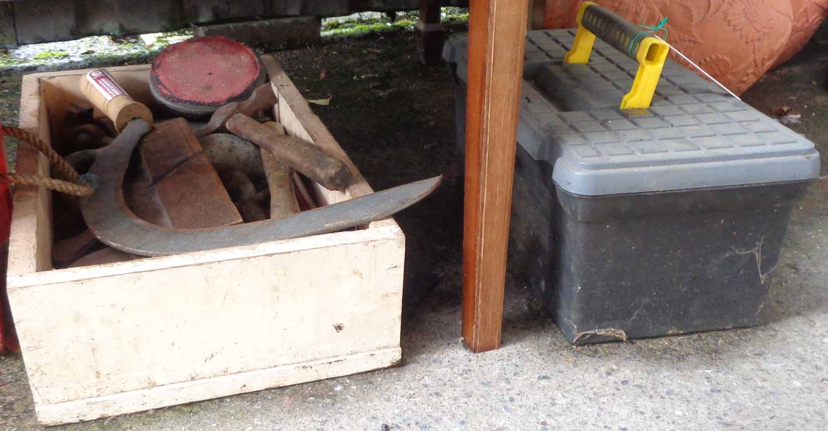 Two boxes of tools including hammer, Stanley plane, oil can, D-shackle, etc.