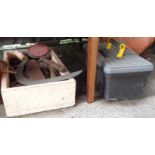 Two boxes of tools including hammer, Stanley plane, oil can, D-shackle, etc.