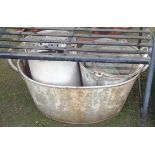 A galvanized bath, mop bucket, pail and pewter footed bowl