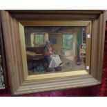 Claude Pratt: a gilt framed and slipped oil on canvas, depicting a rural interior with seated