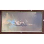 Barrie A. F. Clark: a polished wood framed coloured print, depicting a Spitfire in flight