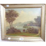 A gilt framed oil on board, depicting a figure standing beside the water in a lakeland landscape -