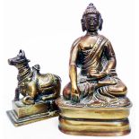 A brass Buddha in lotus position - sold with a solid brass bull set on plinth base