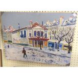 Macler: an unframed oil on board, depicting a naive French winter street scene with figures -