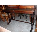 A 4' Victorian burr walnut veneered writing table with later inset top and shallow frieze drawer,