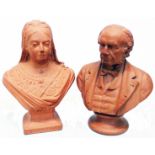 An 1897 Watcombe Pottery terracotta bust of Queen Victoria and a similar bust of William Ewart