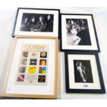 Three ebonised framed Queen and Freddy Mercury monochrome photographic re-prints - sold with a