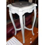 A 15" French painted wood jardinière stand with painted marble inset top, set on decorative