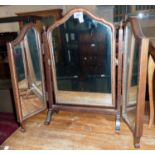 An early 20th Century walnut and mixed wood Queen Anne style triple dressing table mirror with
