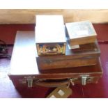 A vintage tin sold with two wooden boxes - sold with a leather dressing case