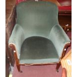 An Edwardian mahogany and strung part show frame parlour elbow chair with frosted blue/green