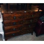 A 3' 5" late Georgian flame mahogany veneered chest of two short and three long graduated drawers,