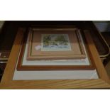 Three framed modern local view prints - sold with a boxed framed display of chillies