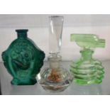 Three scent bottles, comprising carved malachite (damaged) and two glass examples