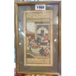 A gilt framed 19th Century Eastern painting, depicting figures and musicians on a walled terrace