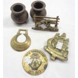 A pair of enamelled brass squat vases, brass door knocker, letter rack, etc.