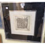 A polished metal wide box framed monochrome abstract etching - indistinctly signed in pencil